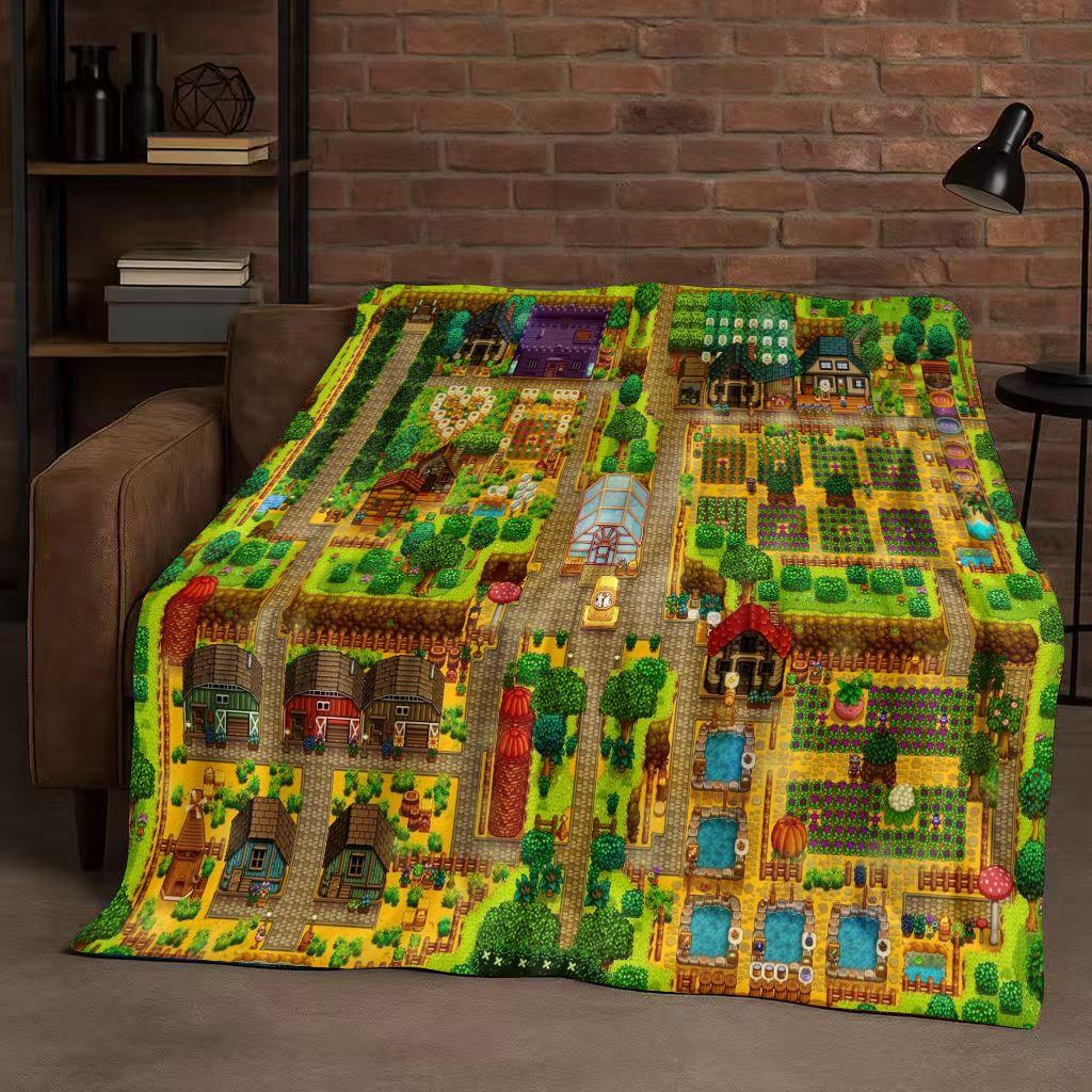 Retro Stardew Valley Farm Map Pixel Game Flannel Blanket,Ultra Soft Warm Plush Throw for Home Bedroom Bed Sofa Cover Kids Gift