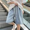 Men Denim Shorts Elastic Waistband Adjustable Drawstring Casual Shorts Loose Fit Wide Leg Thin Washed Shorts