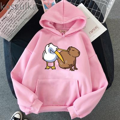 Kawaii Cartoon Capybara Print Women Hoodies Casual Long Sleeve Plus Size Толстовки Harajuku Female Осень Зима Теплый Пуловер