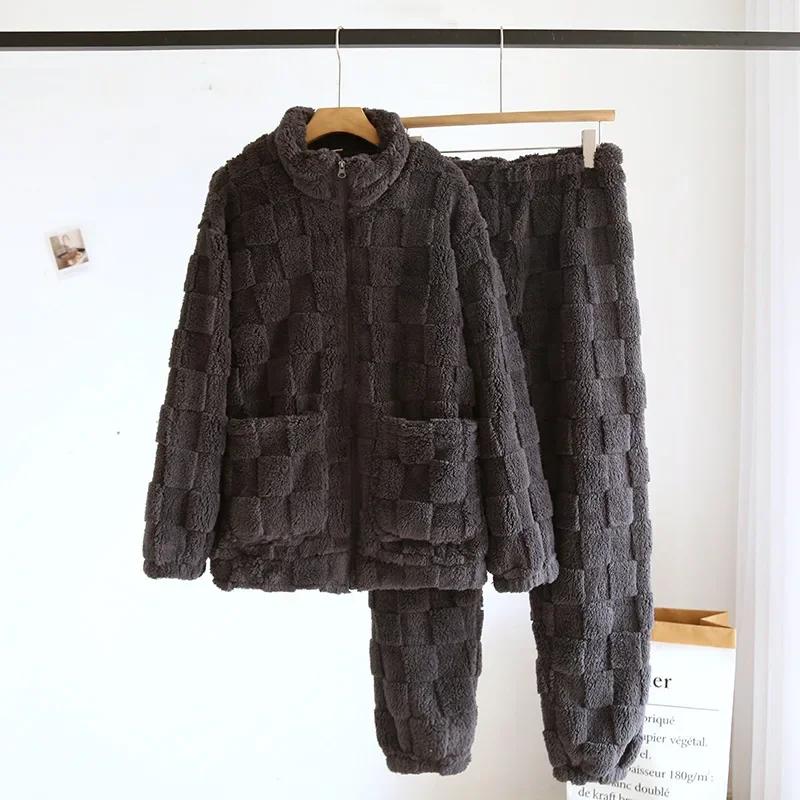 Парный зимний фланелевый пижамный комплект для мужчин и женщин, коралловый плюш, плотный однотонный, брюки с длинным рукавом, домашний костюм, комплект из двух предметов