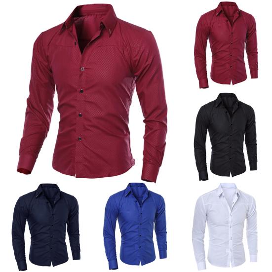 Мужская мода сплошной цвет отложной воротник с длинным рукавом Slim Fit блузка рубашка топ
