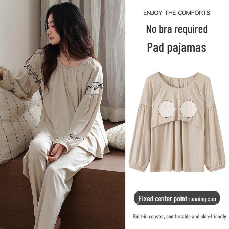 Women's Pure Cotton Long Sleeve Pajama Set with Chest Pads - 2025 Autumn Collection