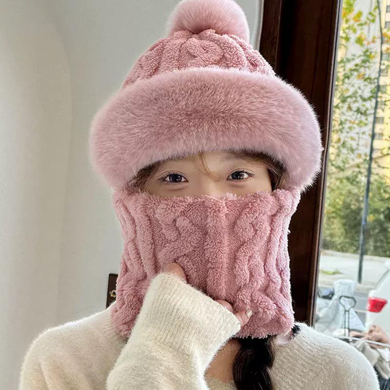 Women's Autumn & Winter Plush Thickened Integrated Hat & Scarf for Cycling - Windproof, Coldproof, Electric Car Pullover Hat.