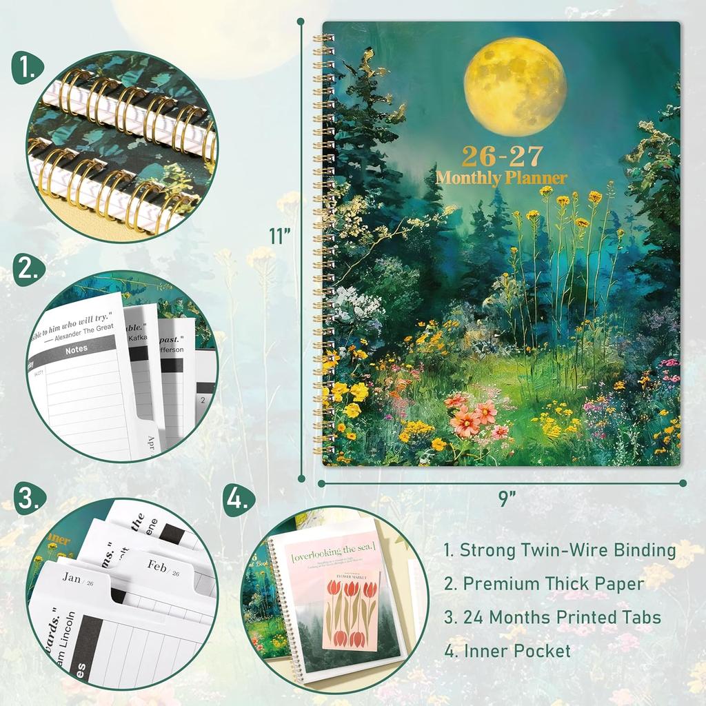2026-2027 Monthly Planner - 2026-2027 Planner, Jan. 2026 - Dec. 2027, Monthly Planners 2026 with Tabs, 9" x 11", Twin-wire Binding, Back Pocket, Note