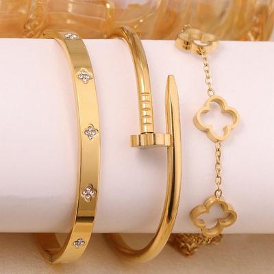 3 шт. Модный роскошный браслет-манжета из нержавеющей стали с инкрустацией цирконием в виде клевера, универсальный для повседневной носки