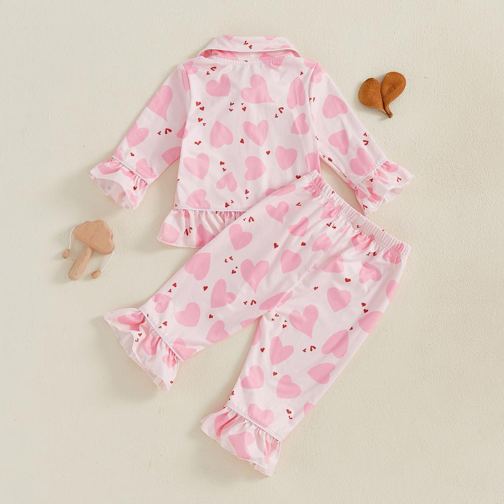Kids Girls Pajamas Set Heart Print Long Sleeves Shirt and Elastic Pants for Loungewear Sleepwear