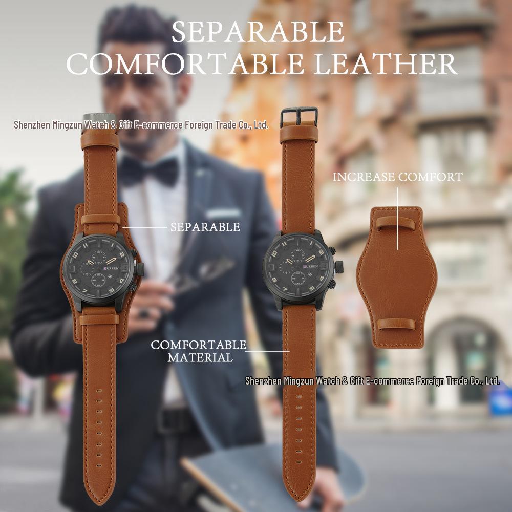 CURREN 8225 Мужские водонепроницаемые кварцевые часы из кожи с функцией календаря