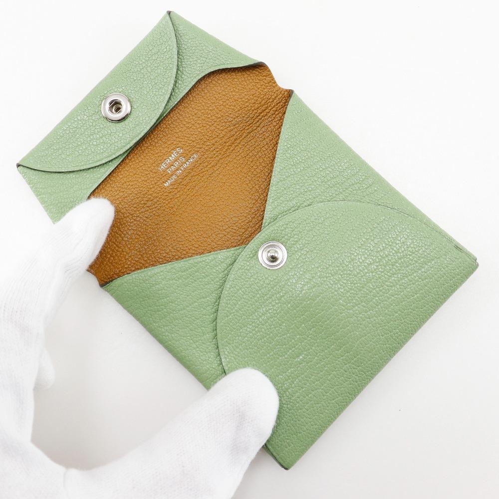 Hermes Bastia Coin Purse Green Shave Women Used