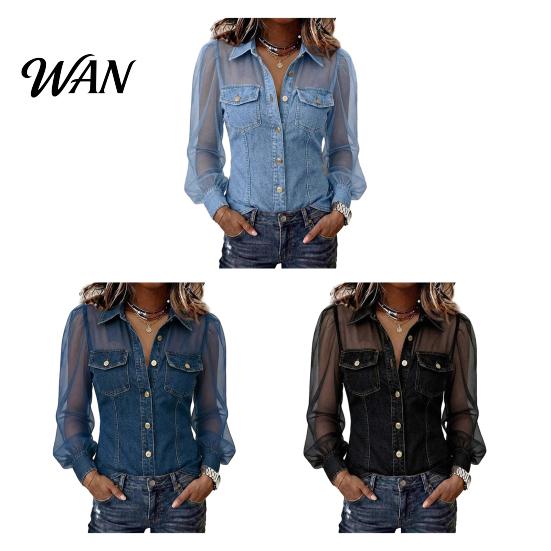Mesh Detail Denim Blouse Women Shirt Perspective Patchwork Cold Shoulder Long Sleeve Casual Country Concert Outfit Tops Lapel Buttons Placket Clothing