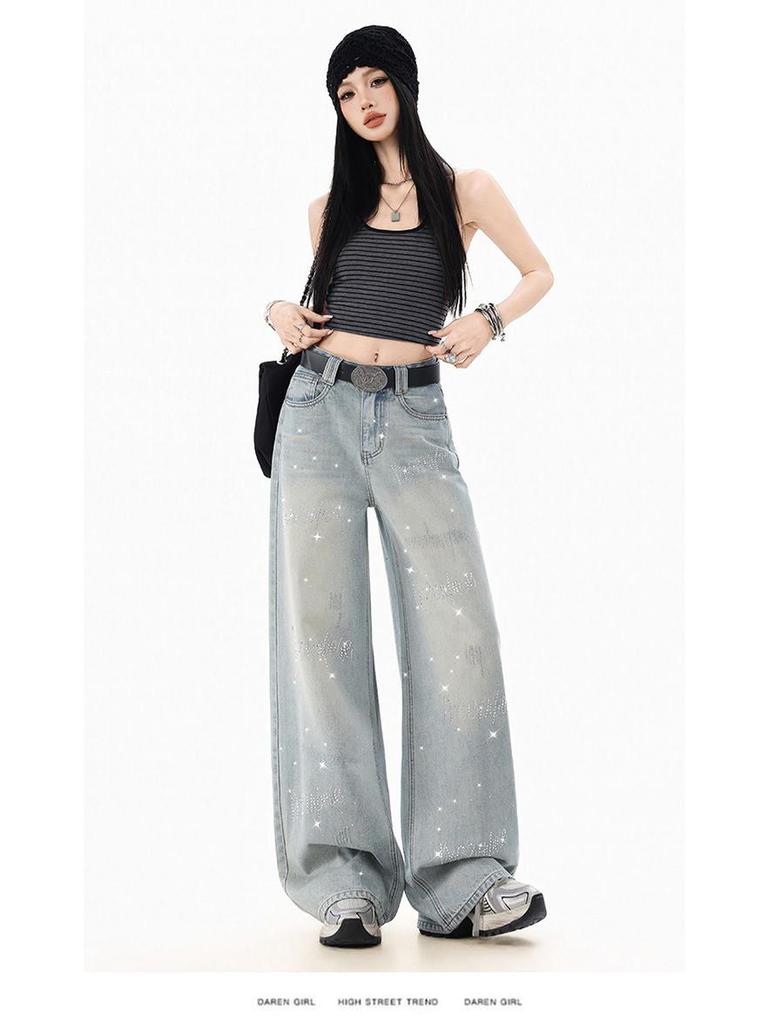 Women's Rhinestone Star Wide Leg Jeans - 2026 Spring/Autumn, Loose & Flattering Floor-Length Pants
