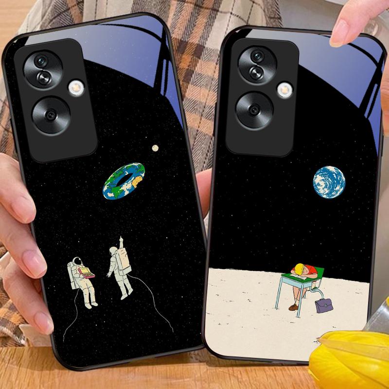 Космический астронавт для Oppo A79 5G 58 78 74 60 4G Reno 11F Realme GT 6 11 Note 50 10 C55 X2 Закаленное стекло Черный чехол для телефона