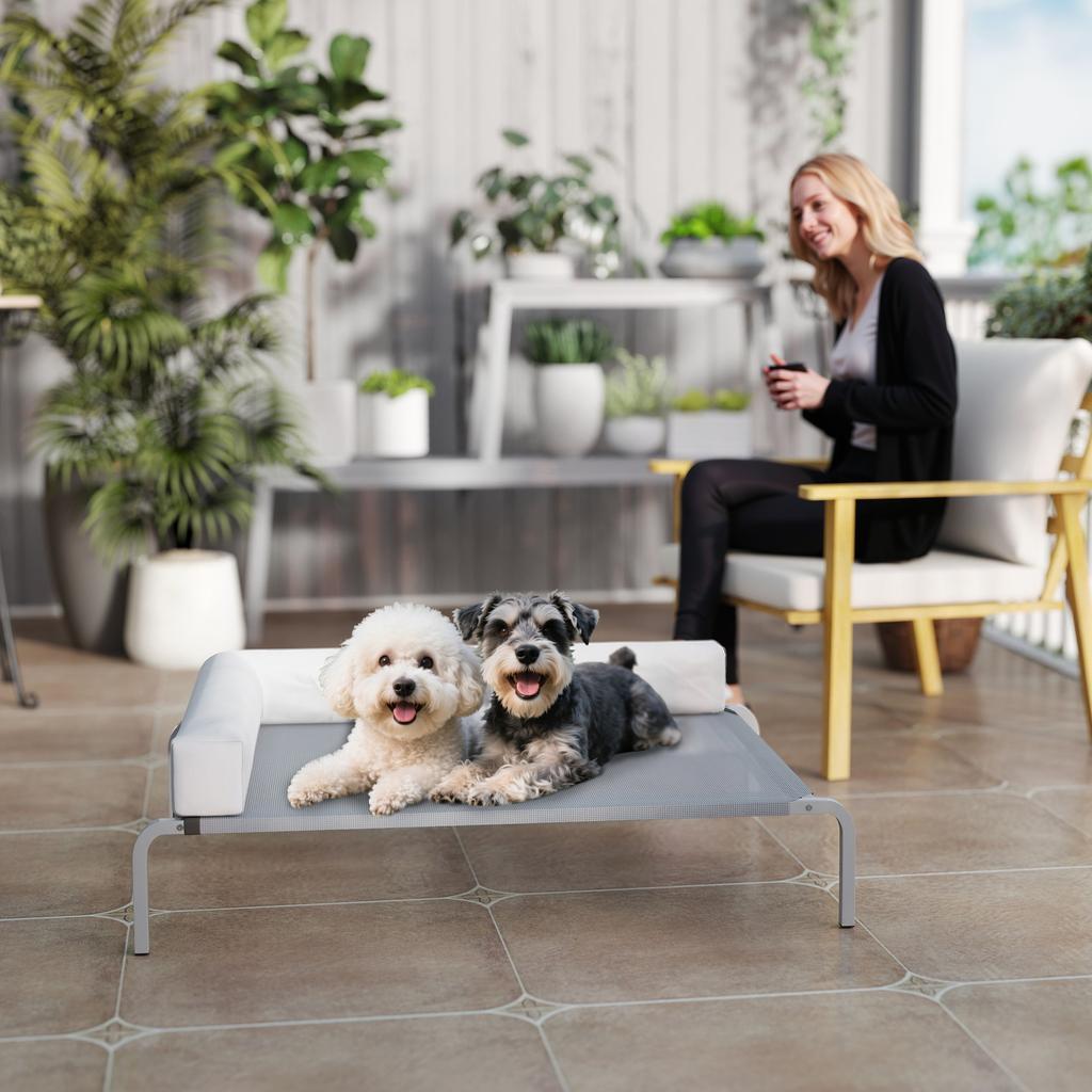 Outdoor Dog Bed, Elevated Dog Bed for Medium-Sized Dogs, with L-shaped Cushion 110x75x30cm, Light Grey