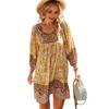 Summer Women Dress Bohemian Style Floral Print V Neck Lace-up Drawstring Long Sleeves Patchwork