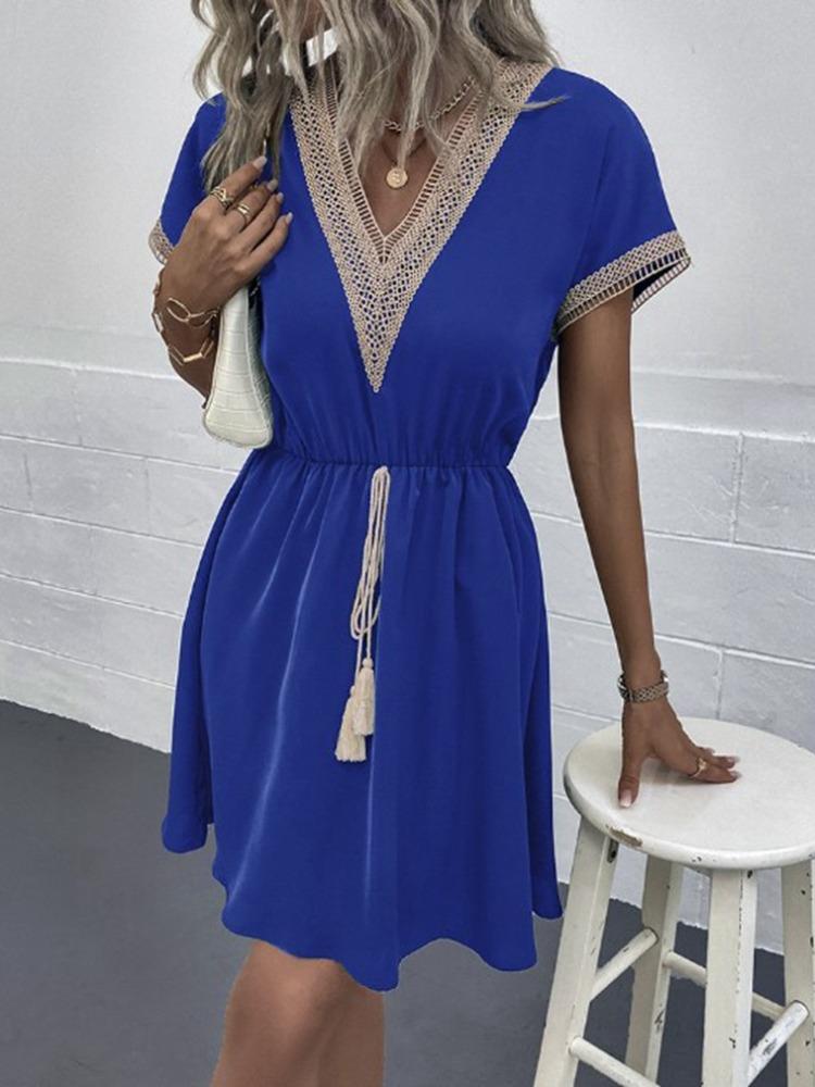 Women's Dresses Summer Fashion Lace Lace Stitching V Neck Loose Lace Up Bohemian Vacation Woman Basic Short Sleeved