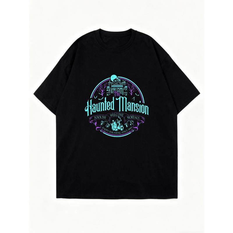 Черная Оверсайз Футболка с Графикой и Текстом 'Haunted Mansion' для Повседневной Носки