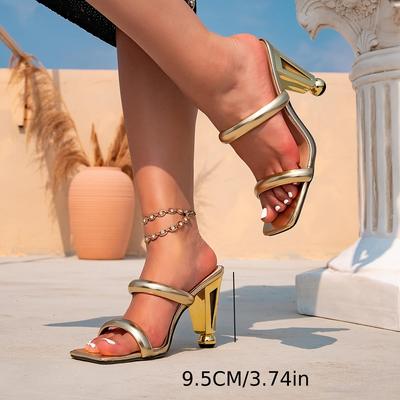 Женские босоножки на высоком каблуке, золотистый каблук особой формы, сандалии-однопедальки, модные для вечеринок, с квадратным носком, простые босоножки с открытой пяткой на высоком каблуке