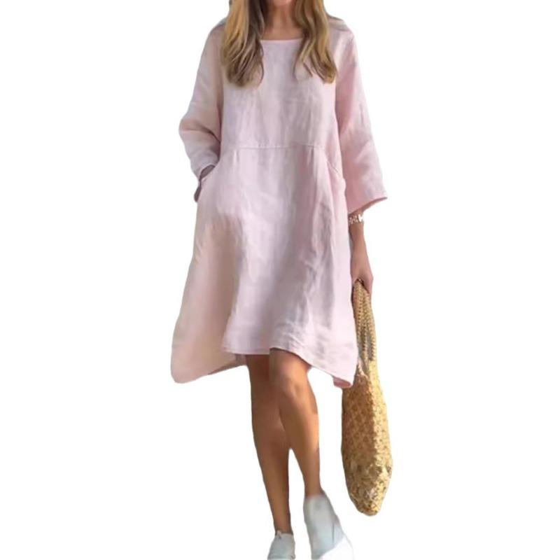 Summer Ladies Lovely Solid Color Loose Casual Pocket Cotton Linen Dress