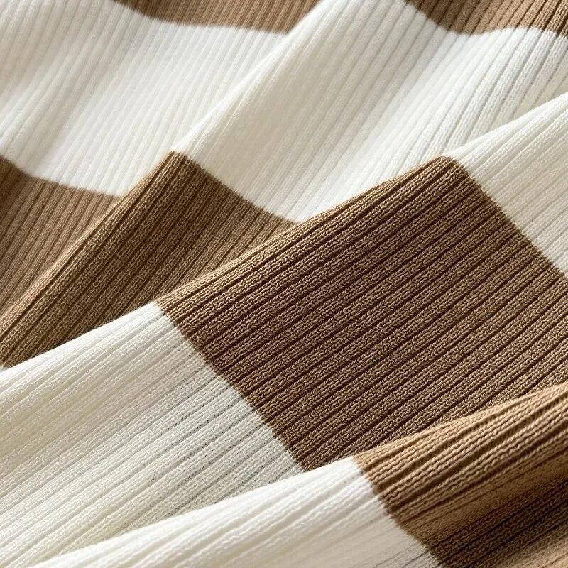 Two-piece Sets Vintage Elegant V-neck Long-sleeved Contrast Striped Knit Sweater Women Tracksuit High Waist Draped Pants Sets