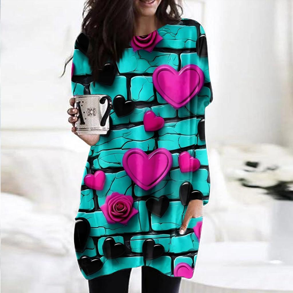 Женский модный повседневный топ с длинным рукавом и круглым вырезом ко Дню святого Валентина с принтом в виде сердца