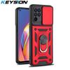 KEYSION Shockproof Case for OPPO A94 A74 A54 5G A73 A93 Ring Stand Push Pull Camera Protection Phone Cover for Reno 5 Lite 5K 5F