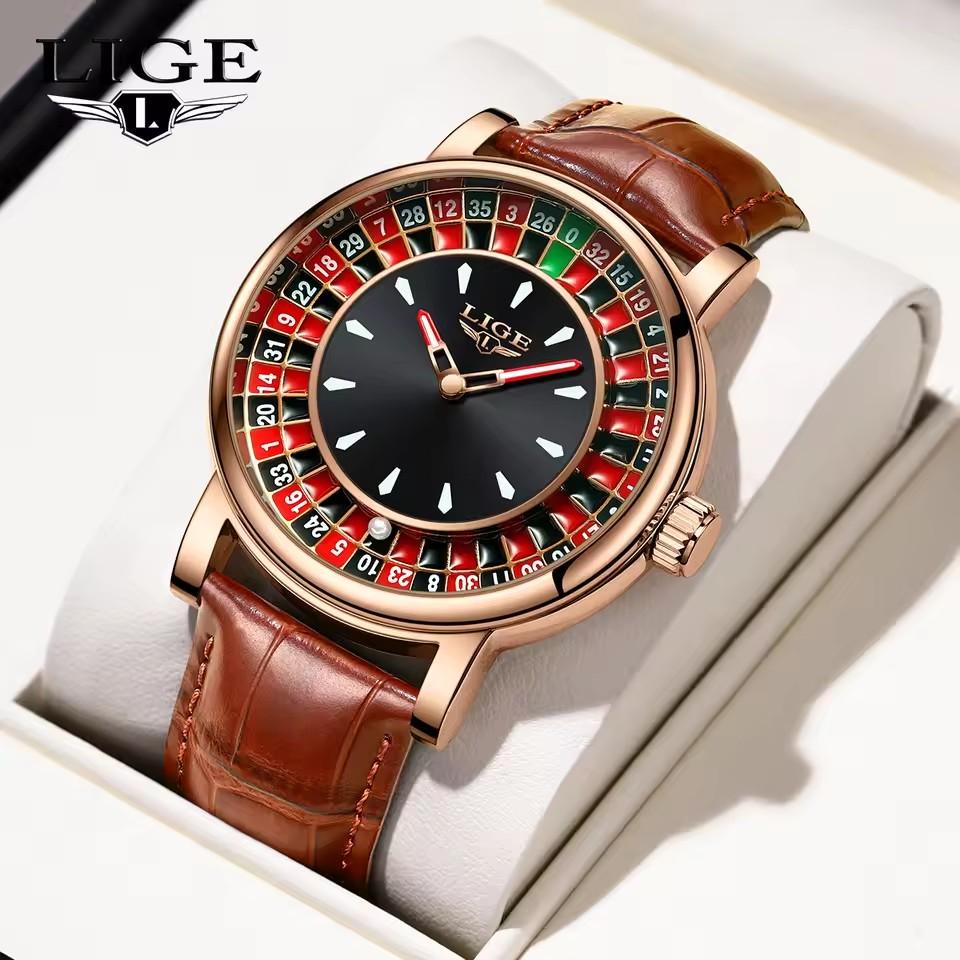 LIGE 2025 Creative Men Watch Fashion Roulette Dial Waterproof Luminous Men's Quartz Watch