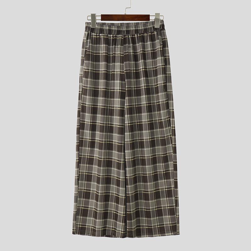 INCERUN Мужские повседневные широкие брюки с эластичной талией свободного кроя в клетку