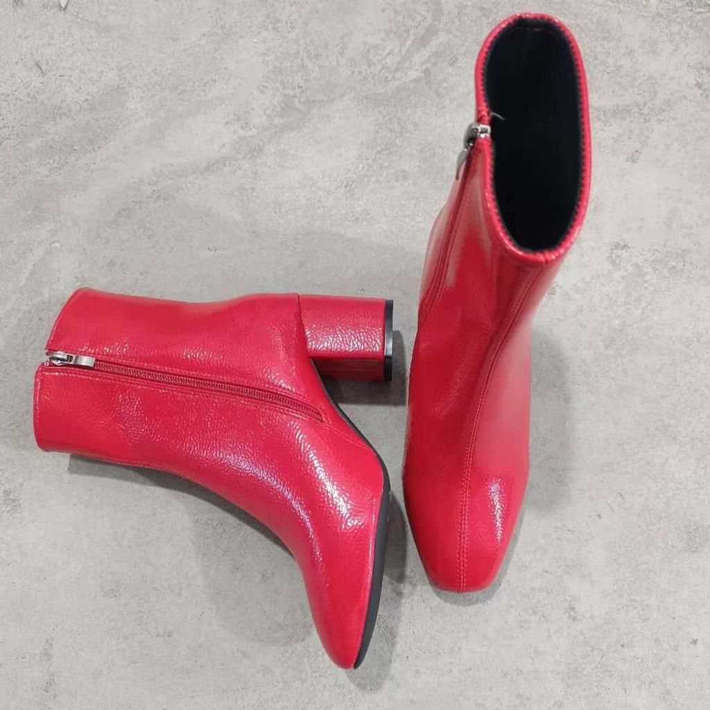 Новые женские удобные ботильоны на среднем каблуке с боковой молнией, модная обувь, женские ботинки черного, красного, белого цвета на квадратном каблуке