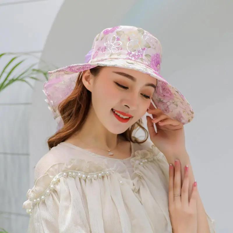 WTEMPO Summer Floral Printed Sunscreen Hats Women's Casual Elegant Bow Flower Wide Brim Outdoor Travel Beach Hats