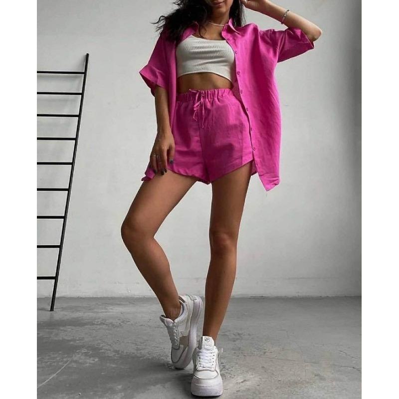 Women Solid Color Short Sleeve Shirt Shorts Casual Set