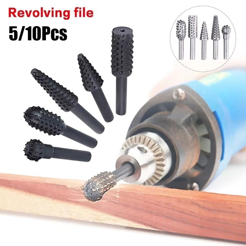 5/10Pcs Black Grey Wood Rasp File 6mm Shank Grinding Head Drill Bits for Woodworking Root Carving