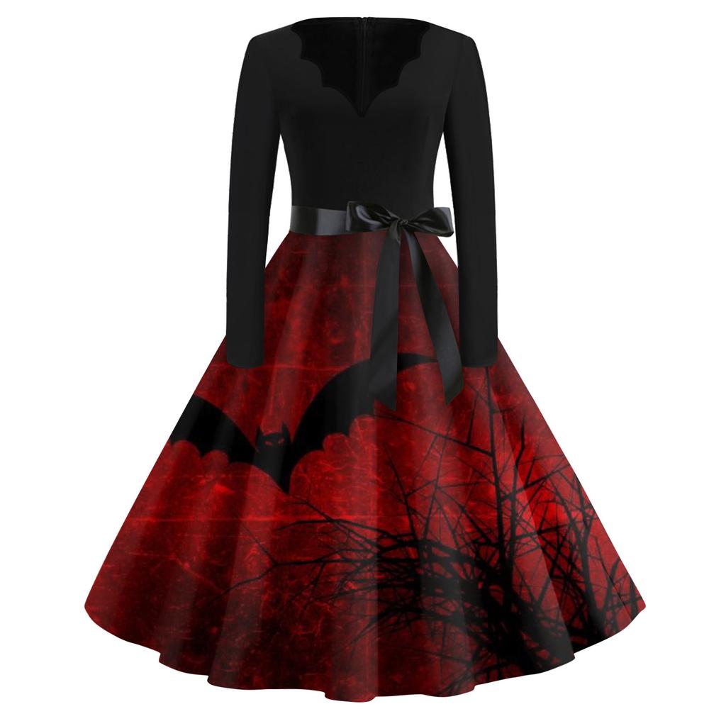 Женская мода с v-образным вырезом, повседневные тонкие платья с длинными рукавами и принтом на Хэллоуин