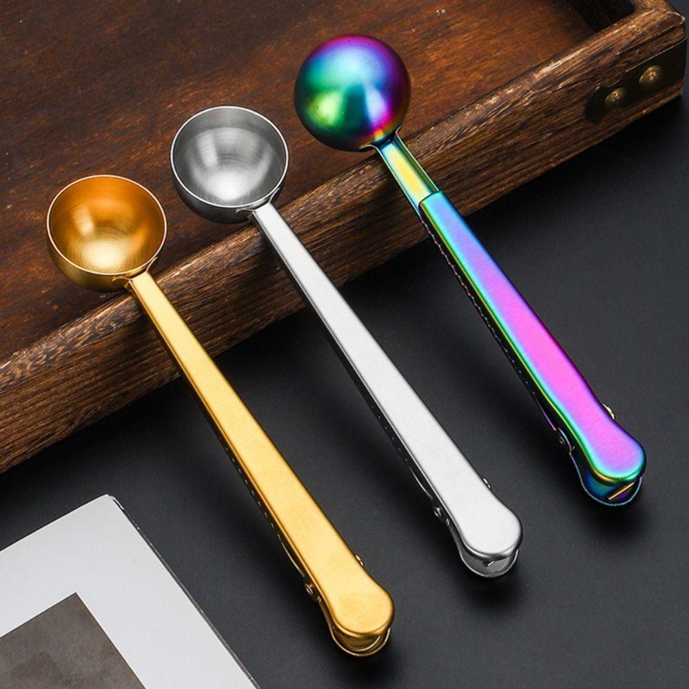 1pcs With Sealing Clip Measuring Spoon Stainless Steel Long Handle Spoon Portable Coffee Spoon  Home