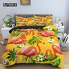 Flamingo Green Plant Palm Leaf Duvet Cover Soft Pink Comfortable Quilt Cover Cartoon Flamingo Bedding Set for Women Girls Decor