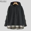 Women Casual Grid Print Patchwork Loose Long Sleeve Hoodies Pullover