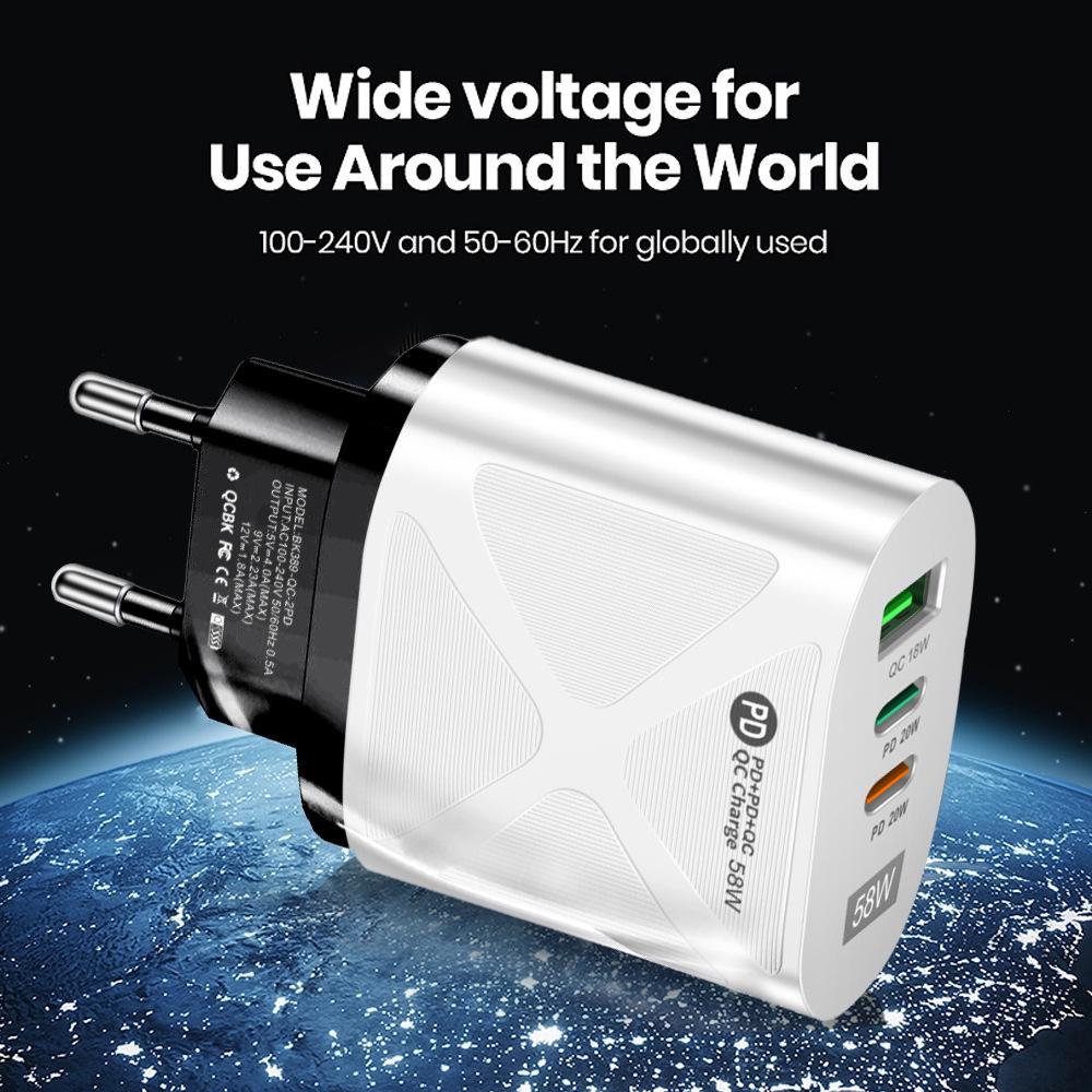 58W Dual Fast Charger with 2PD + QC3.0 for EU/US/UK/AU Plugs