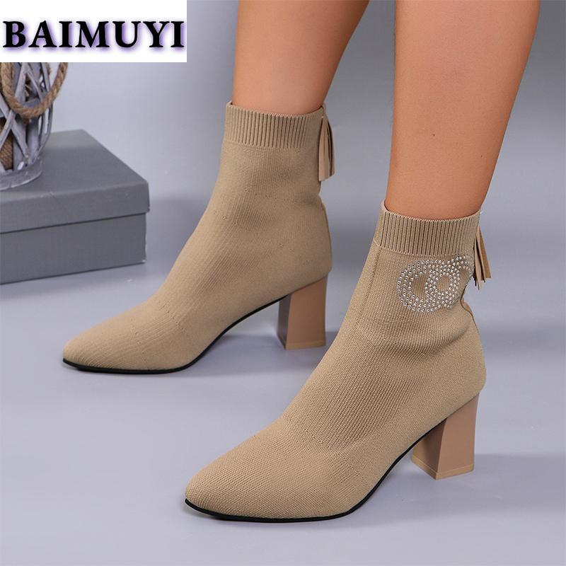 Женские ботильоны на высоком каблуке с кристаллами, остроносые туфли 2025 года, роскошные вязаные толстые зимние ботинки челси, туфли-лодочки Mujer Botas