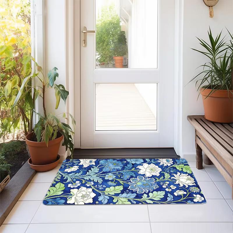 1pc 2D Flat Blue White Floral Vine Pattern Flannel Door Mat Non Slip Garden Style Rug For Entryway Patio Sliding Door Decor