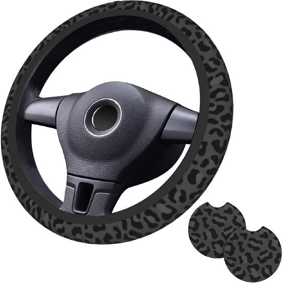 Black Leopard Print Steering Wheel Cover Black Cheetah Leopard Steering Wheel Cover Accessories 2 Car Cup Coasters Decor Neoprene 15 Inch Universal