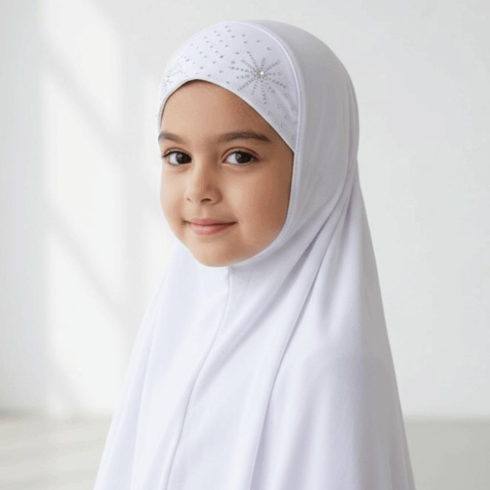 Pre-Stitched Design Girls Rhinestone Headscarf Breathable Ethnic Style Turban Toddler Prayer Wear