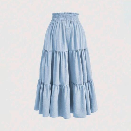 Women Maxi Skirt Elastic Waist Adjustable Drawstring Ruffle Stitching Ankle Length Skirt Solid Color A-Line Breathable Long Skirt