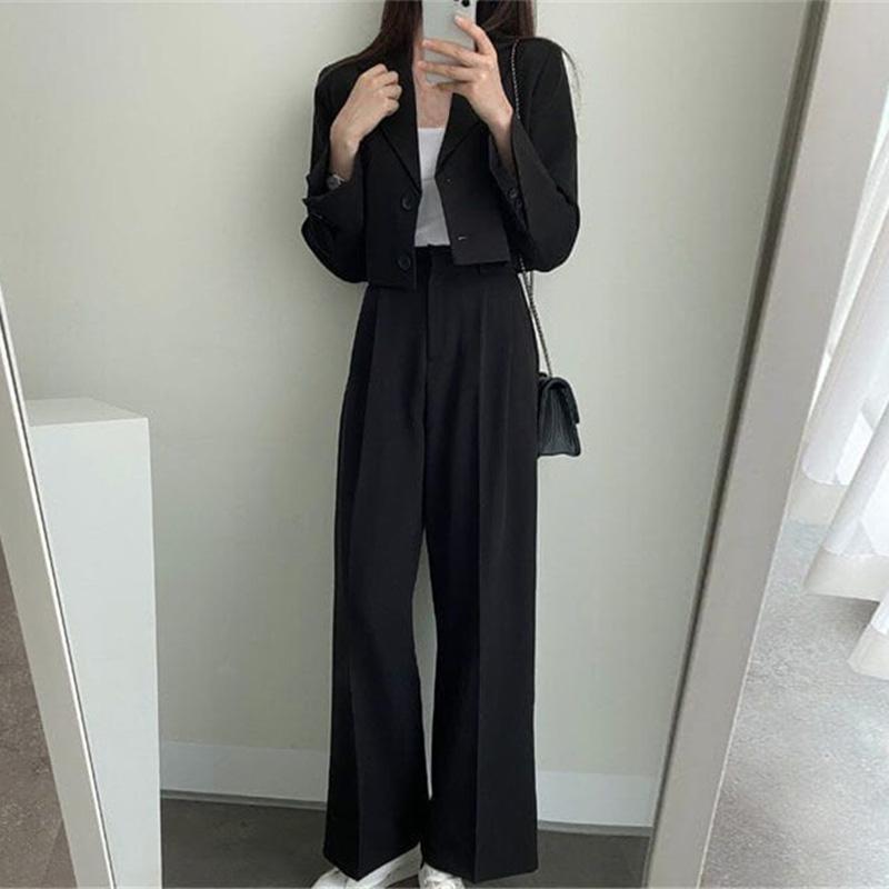 Two Piece Sets Women Outifits Fall Office Lady Pants Korean Blazer Suits Long Sleeve Fashion Coat Black High Waisted Pants