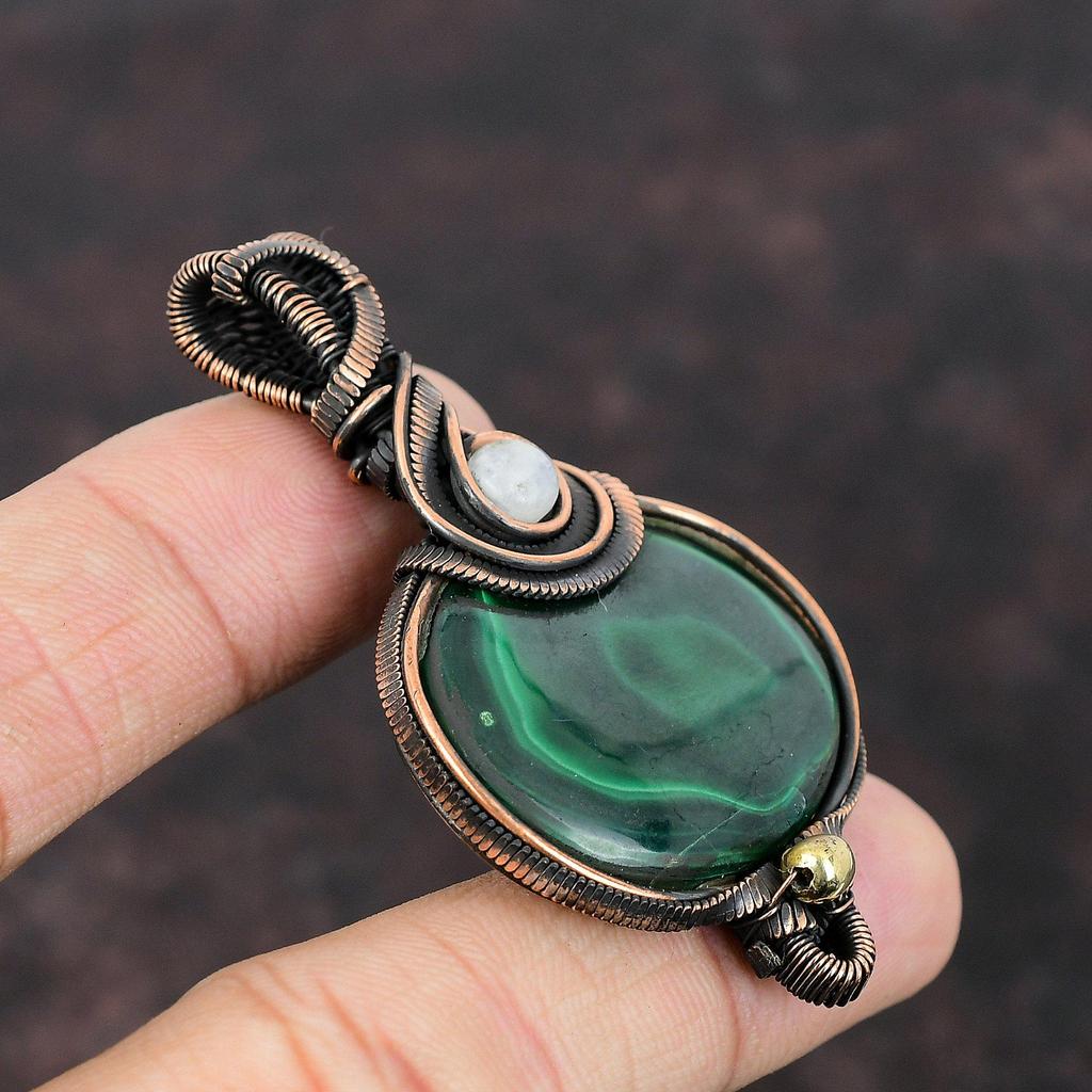 Малахитовая медная проволочная обертка, радужный лунный камень, драгоценный камень, ручная работа, проволочная обертка, дизайнерская подвеска, медные украшения для подарка
