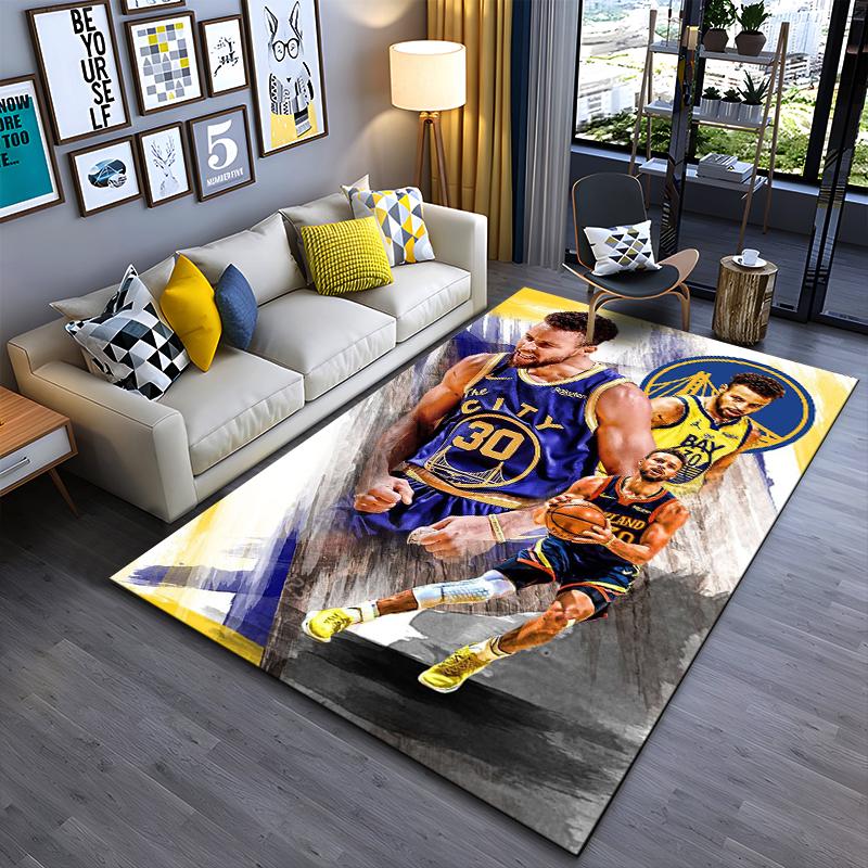 Sports Area Rug, Stephen Curry Warriors Number 30 The City Oakland Blue Yellow Brush Collage Print, Fan Decor, Non-Slip Mat