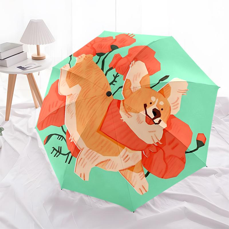 1pc Corgi, Flowers Automatic Folding Umbrella - Portable Collapsible Design, 8-Rib Iron Frame, Casual Outdoor Accessory yy251215211