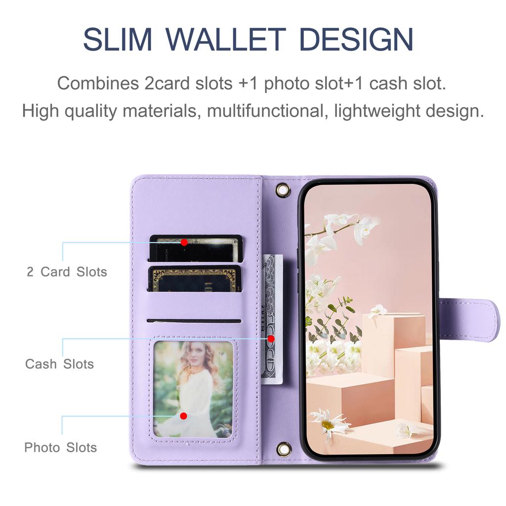 For iPhone 12/12 Pro Leather Case Wallet Stand Flip Phone Cover with 2 Straps
