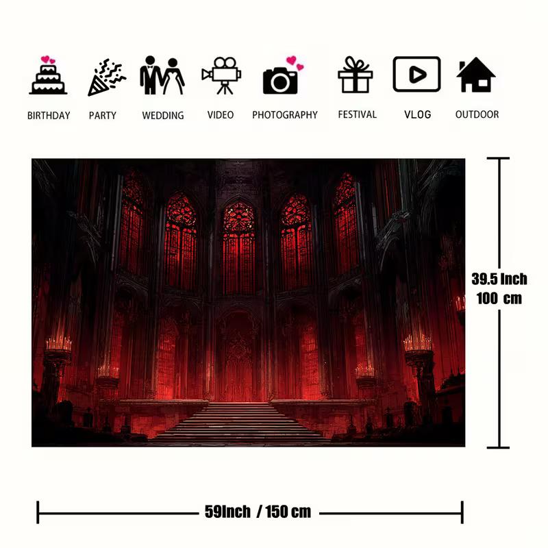 2D Dark Fantasy Cathedral Tapestry, Red Stained Glass & Candles Wall Hanging
