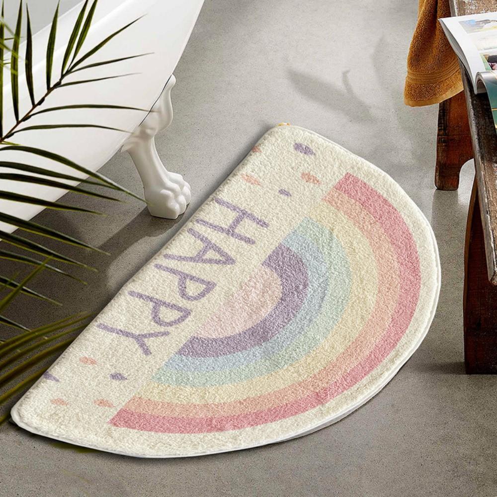 Happy Sun Cartoon Print Half-Circle Carpet for Bathroom or Entry, Cheerful Non-Slip Home Decor Floor Mat for Indoor, Kids