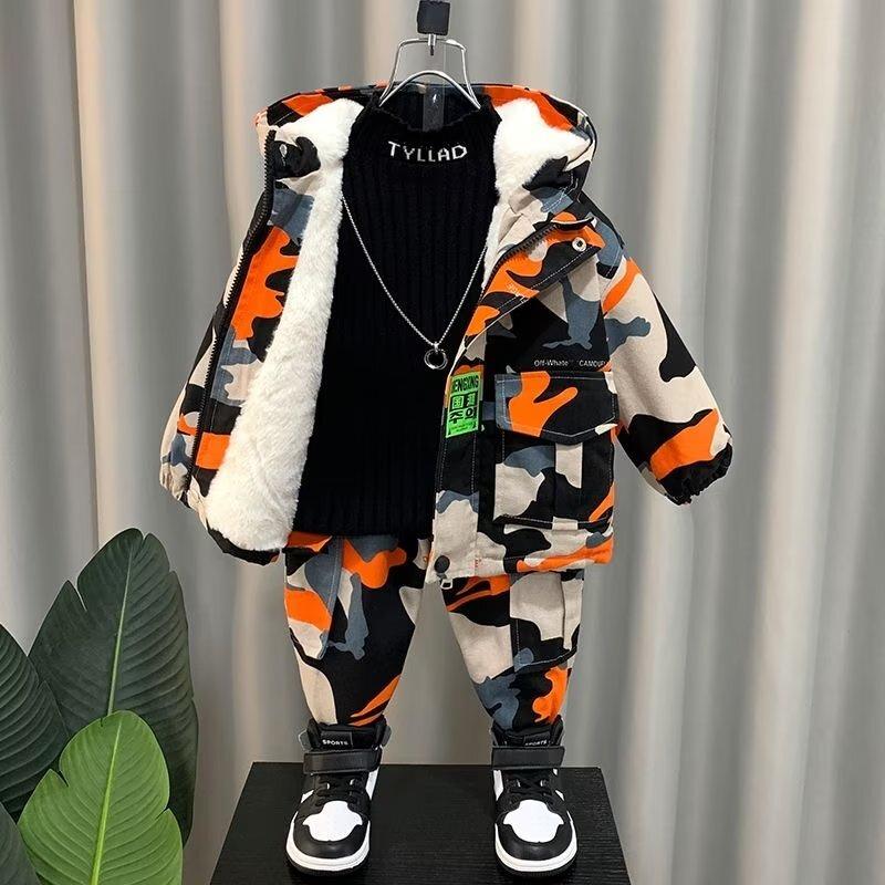 Зимнее осеннее теплое пальто для мальчиков, комплект из 2 предметов, детский утепленный костюм из пальто + брюки