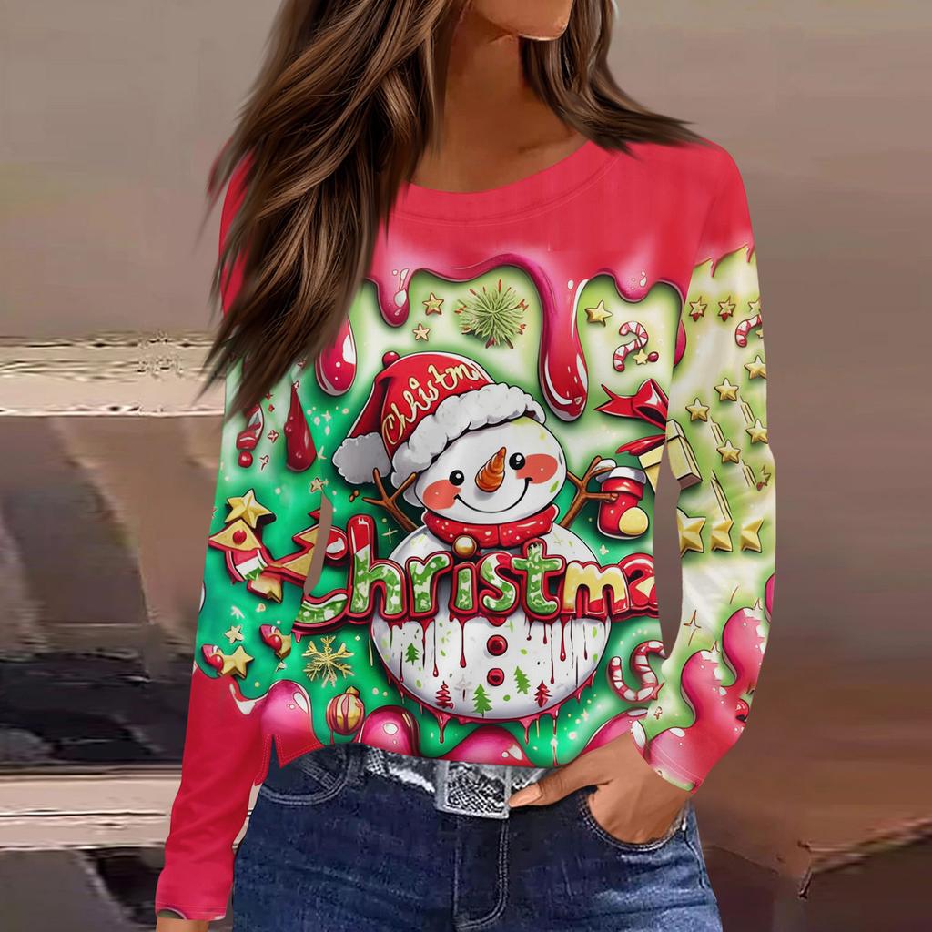 Women's Fashion Casual Slit Hem Round Neck Long Sleeve Loose Printed T-Shirt Ladies Top