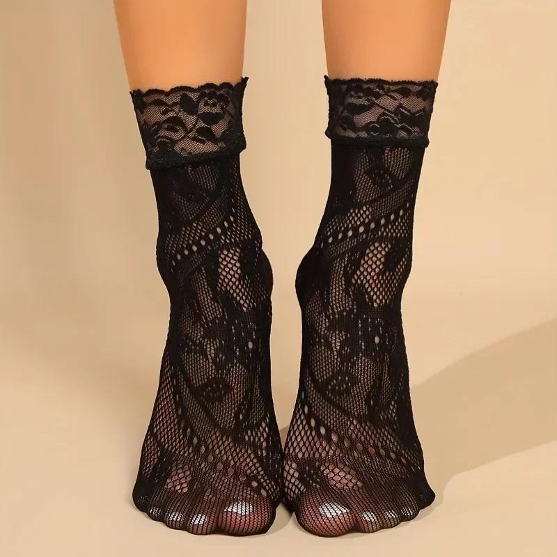 5 пар цветочных кружевных носков, тонкие дышащие короткие носки, летние сетчатые женские чулки в стиле Лолиты с рыболовной сеткой, чулочно-носочные изделия